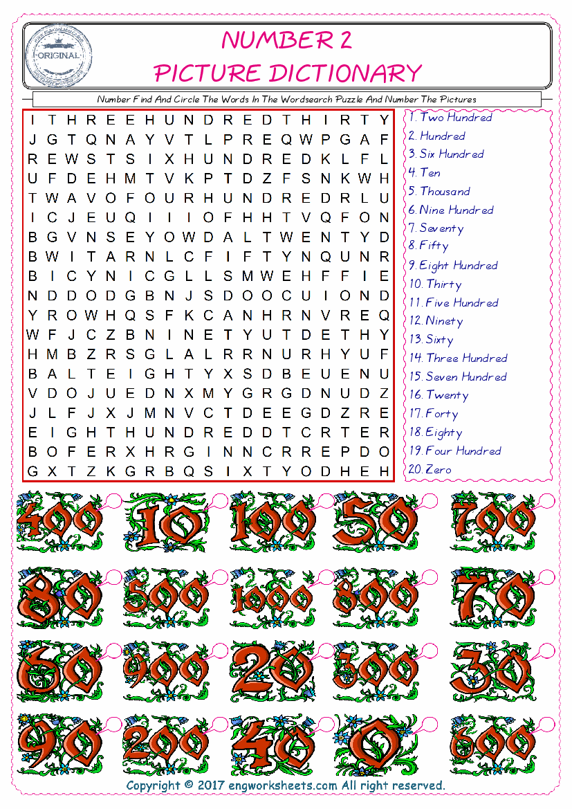  ESL wordsearch worksheets for kids, find Number words in the word wordsearch write its number on its picture English worksheet. 